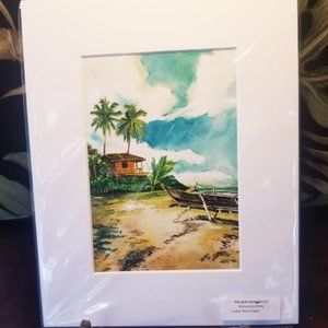 Hut & Outrigger - Watercolor Print- Matted to 8x10